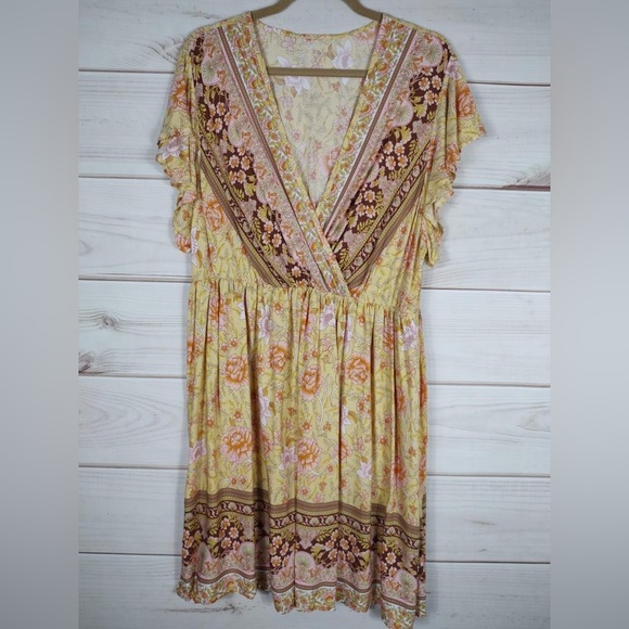 M | 1950s Cotton Dress With Brown Yellow Floral Print main image 1
